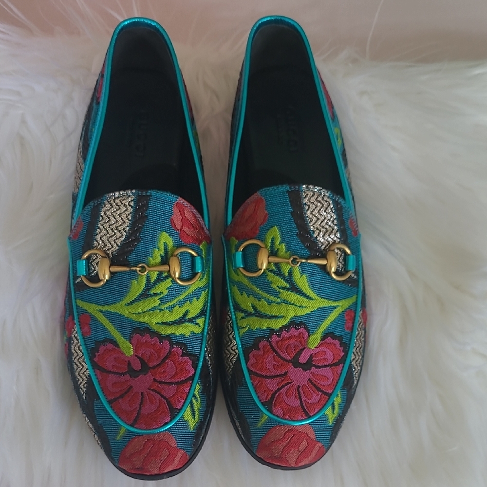 Gucci Tapastry Brocade Nappa Silk Blue and Pink Floral Horsebit Loafers Size 37